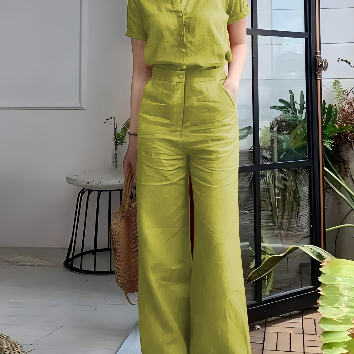 Women'S Solid Color Short Sleeve Shirt and Long Pants Elegant Two-Piece Set