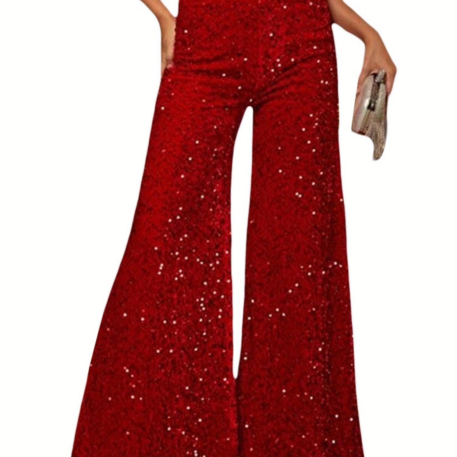 Women's High-Waisted Wide-Leg Velvet Pants with Sequin Details - Casual Loose-Fit Trousers, Black with White Sequins, Elastic Waistband, Machine Washable, Perfect for All Seasons, Party Attire | Elegant Casualwear | Velvet Se