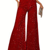 Women's High-Waisted Wide-Leg Velvet Pants with Sequin Details - Casual Loose-Fit Trousers, Black with White Sequins, Elastic Waistband, Machine Washable, Perfect for All Seasons, Party Attire | Elegant Casualwear | Velvet Se