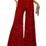 Women's High-Waisted Wide-Leg Velvet Pants with Sequin Details - Casual Loose-Fit Trousers, Black with White Sequins, Elastic Waistband, Machine Washable, Perfect for All Seasons, Party Attire | Elegant Casualwear | Velvet Se