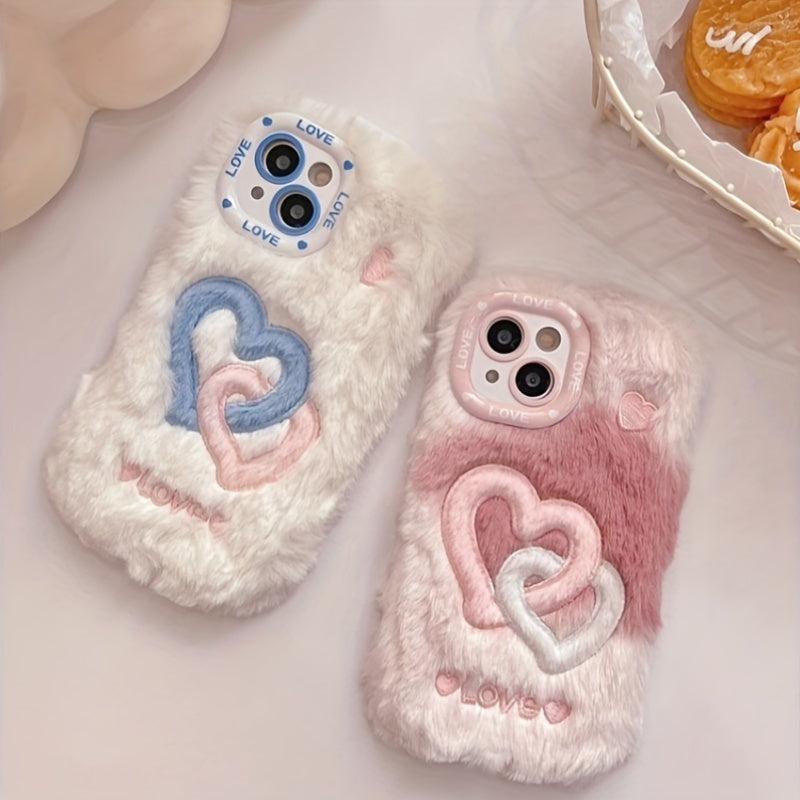 Smudged Double Buckle Love Gradient Color Mobile Phone Case, Suitable for Apple 16/15 Pro Max/15 Pro/15/15Plus/14 Pro Max/14 Pro/14Plus/14/13 Pro Max/13 Pro/13 /12 Pro Max/12 Pro/12/11Pro Max/11 Couple Plush Embroidery Mobile