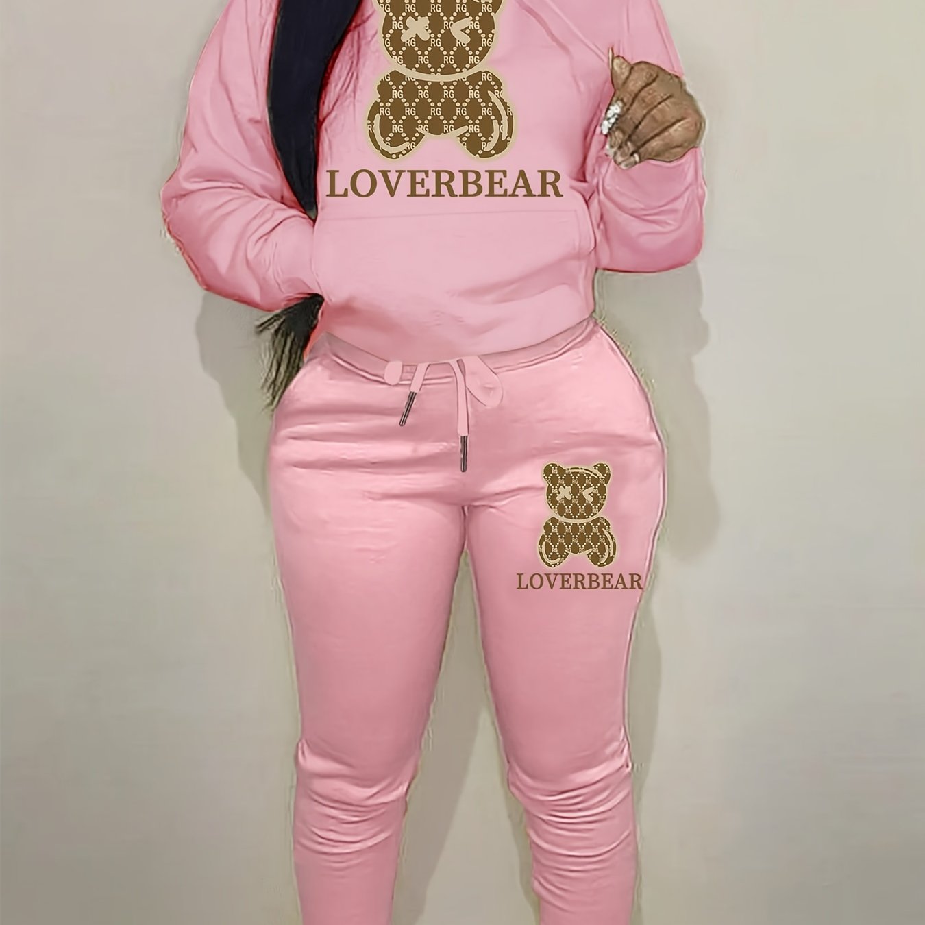Cartoon Bear Print Two-piece Set, Drawstring Long Sleeve Hoodies & Workout Jogger Pants Outfits, Women's Clothing