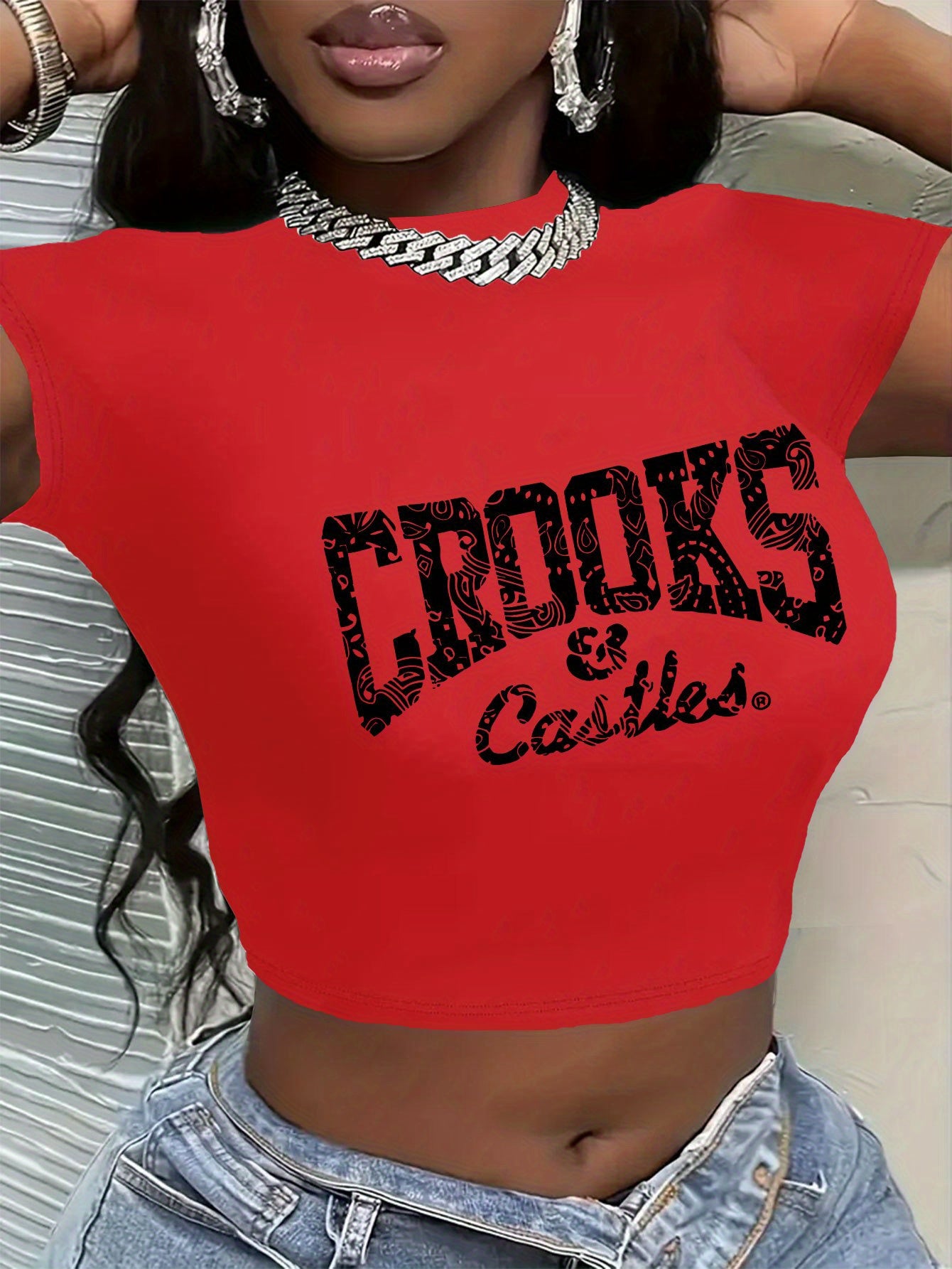 CROOKS & CASTLES Women's Y2K Graphic Crop Top - Vibrant Red with Bold Black Letter Print, Lightweight Summer Short Sleeve Shirt, Round Neck Casual Streetwear, Machine Washable, Trendy Outfit | Nontransparent Material