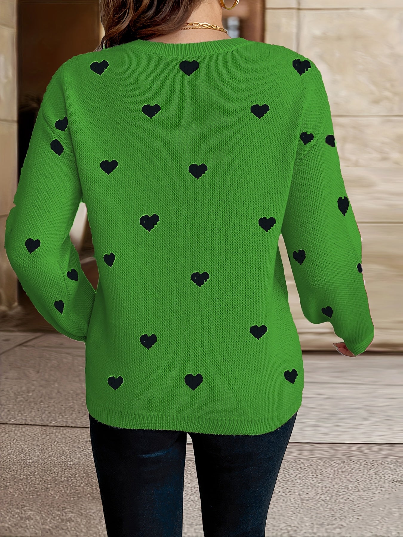 Valentine’s Romance: Chic Heart Pattern Crew Neck Knit Sweater – Cozy, Durable Women’s Winter Pullover