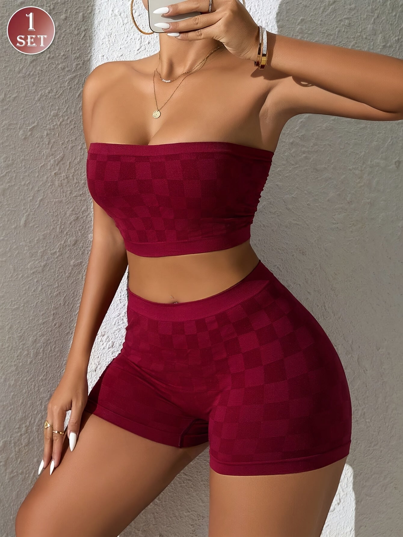 Women's Fashion Plaid Tube Top and Shorts Set, Simple Valentine's Day Gift