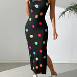 Colorful Floral Print Split Hem Midi Dress - Stylish Summer Wear for Women, Polyester and Spandex Blend, Machine Washable