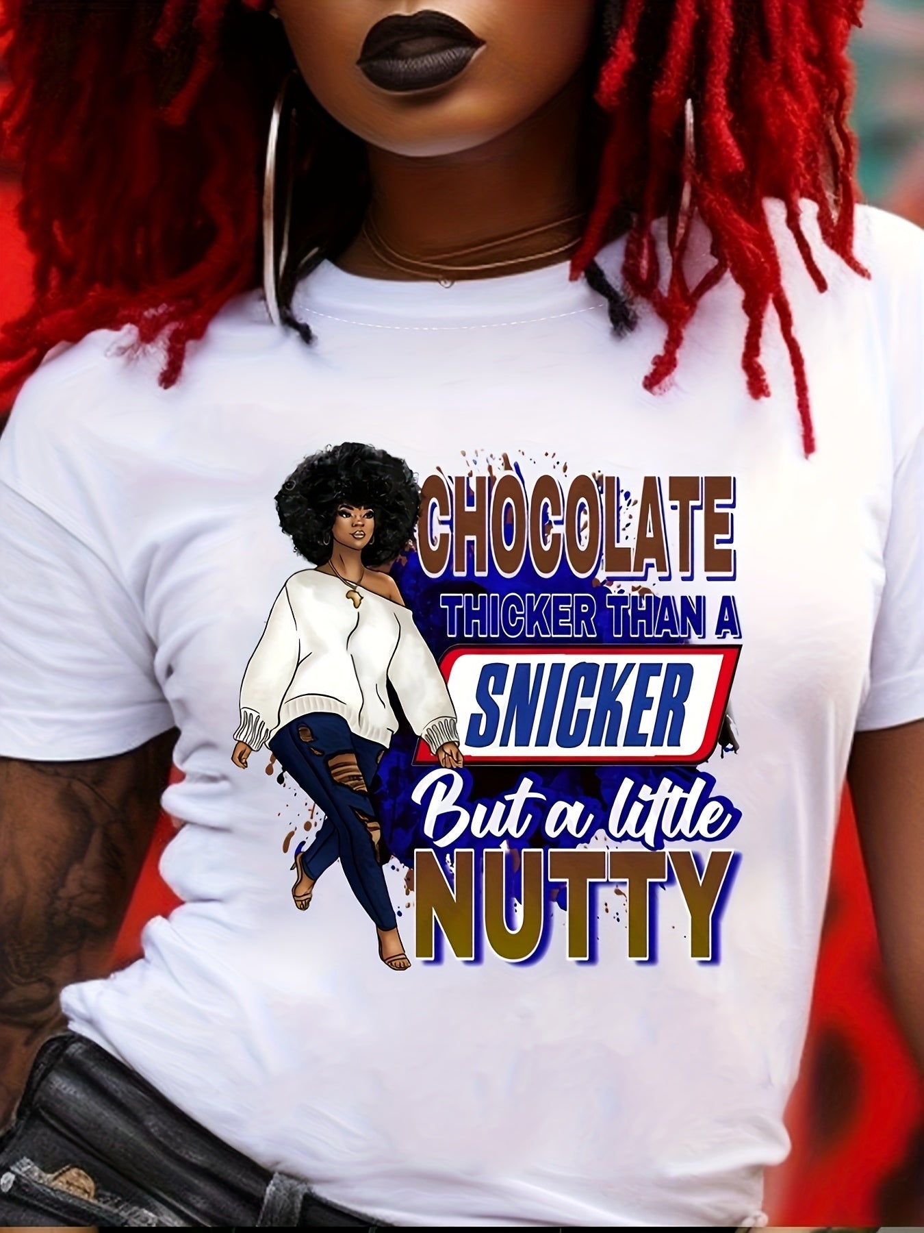 [Breathable Fabric] Women's Chocolate Thicker Than a Snicker But a Little Nutty Graphic Tee- Casual Crew Neck, Short Sleeve, Breathable Polyester, Regular Fit- Perfect for Spring& Summer