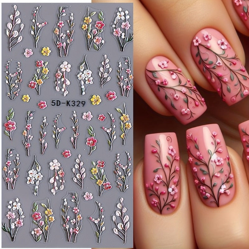 2pcs 5D Floral Nail Art Stickers - Dreamy Purple & Pink Flowers, Vines & Roses | Realistic Self-Adhesive Decals for DIY Manicure | Fragrance-Free, Reusable Plastic Embellishments with Glitter Accents, Nail Stickers