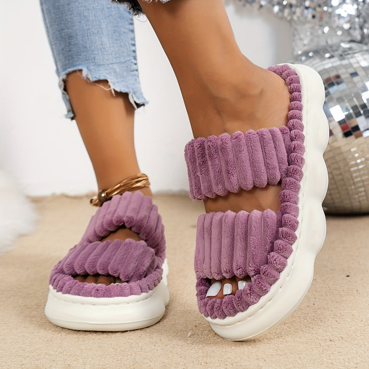 Women's Simple And Stylish Indoor Home Comfortable Non-Slip Soft Bottom Thick Open Toe Two Strap Faux Furry Slippers