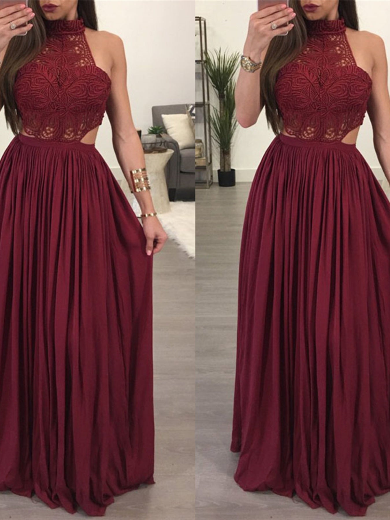 Women Hollow Out Lace Halter Dress, Crochet High Waist Pleated Maxi Dress Wedding Party Dress