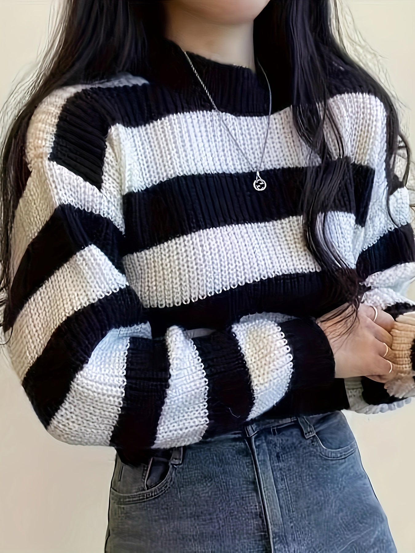 Women's Striped Long Sleeve Sweater - Casual Loose Fit, Black and White Knit Pullover for Fall, Soft Polyester Blend, Spring Summer Apparel|Horizontally Striped|Knit Texture