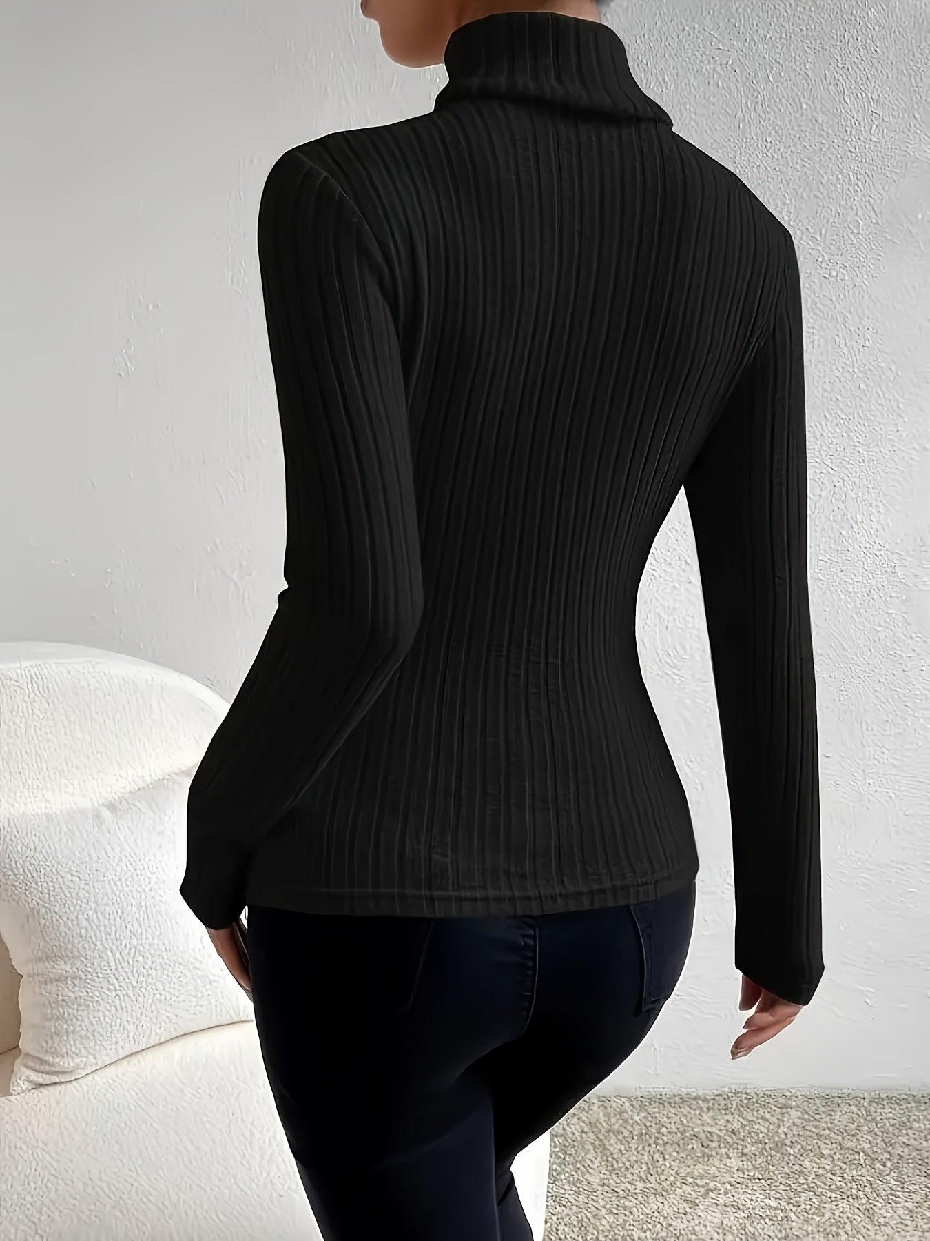 Elegant Women's Long Sleeve Turtleneck Top - Ribbed Knit, Stretchy Polyester Blend, Machine Washable - Perfect for Fall/Winter