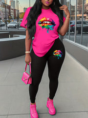 two piece Women's Two-Piece Lip Print Set: Short Sleeve T-Shirt & Leggings Outfit