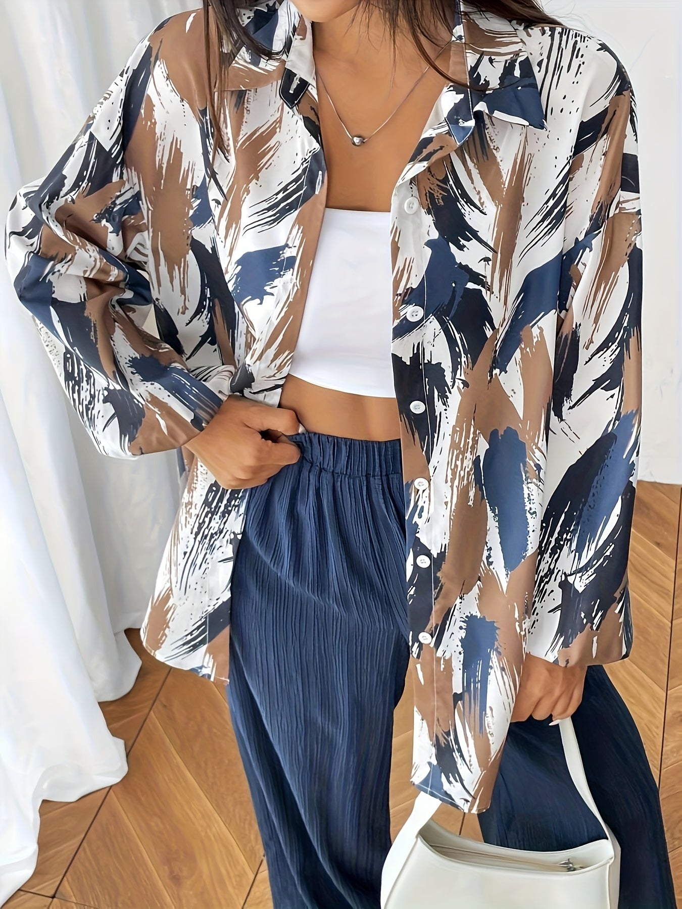 Women'S Casual Spring/Summer 2pcs Set - Floral Print Long Sleeve Blouse & Wide-Leg Pants, Button-Up Top with Pockets, White Sneakers, and White Handbag, Casual Attire|Floral Print Top|Buttonup Top