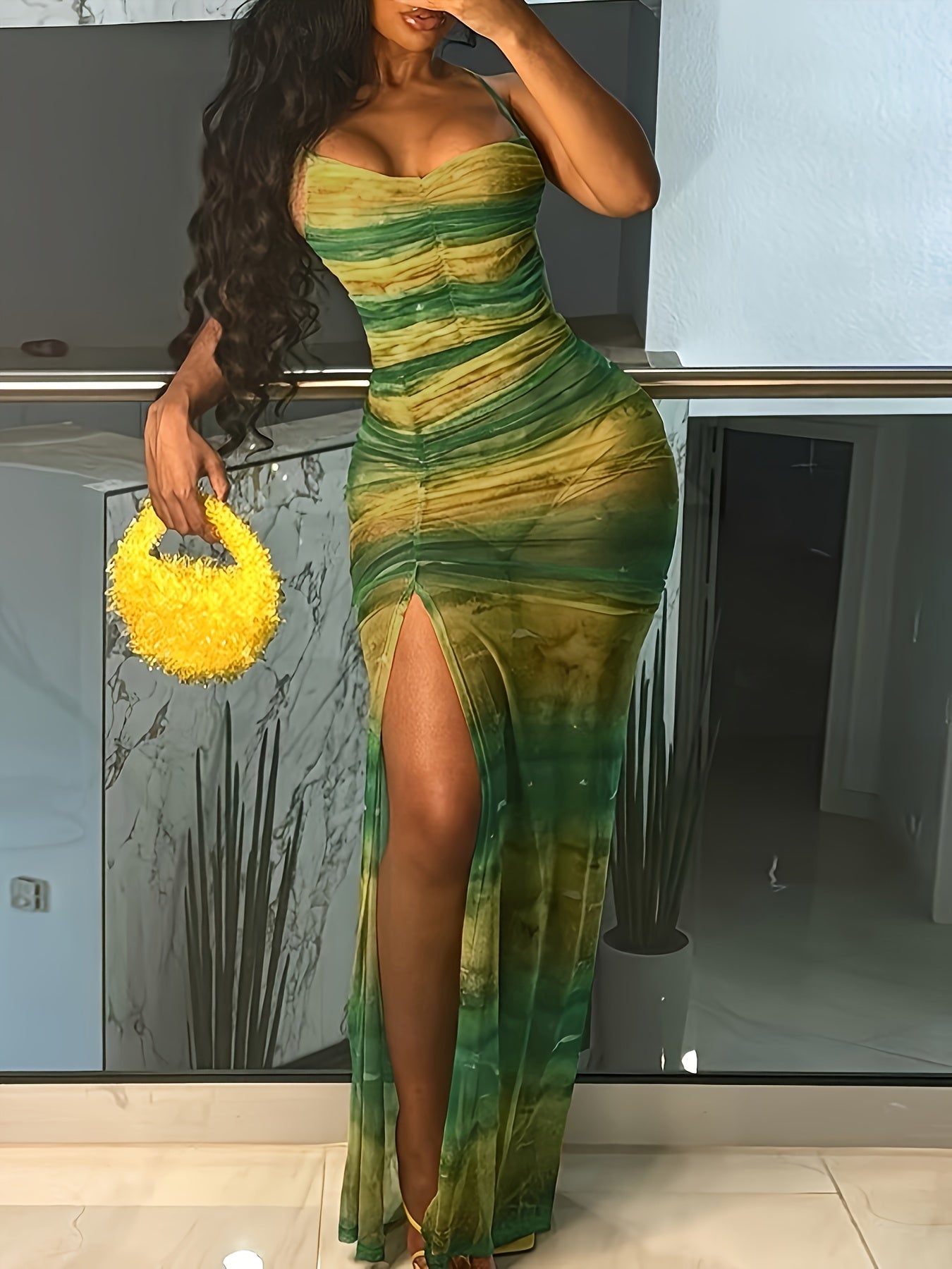 Backless Ruched High Slit Cami Dress - Sexy Slinky Sleeveless Maxi Dress - Polyester - For Spring & Summer - Women's Clothing - Perfect for Parties & Casual Occasions