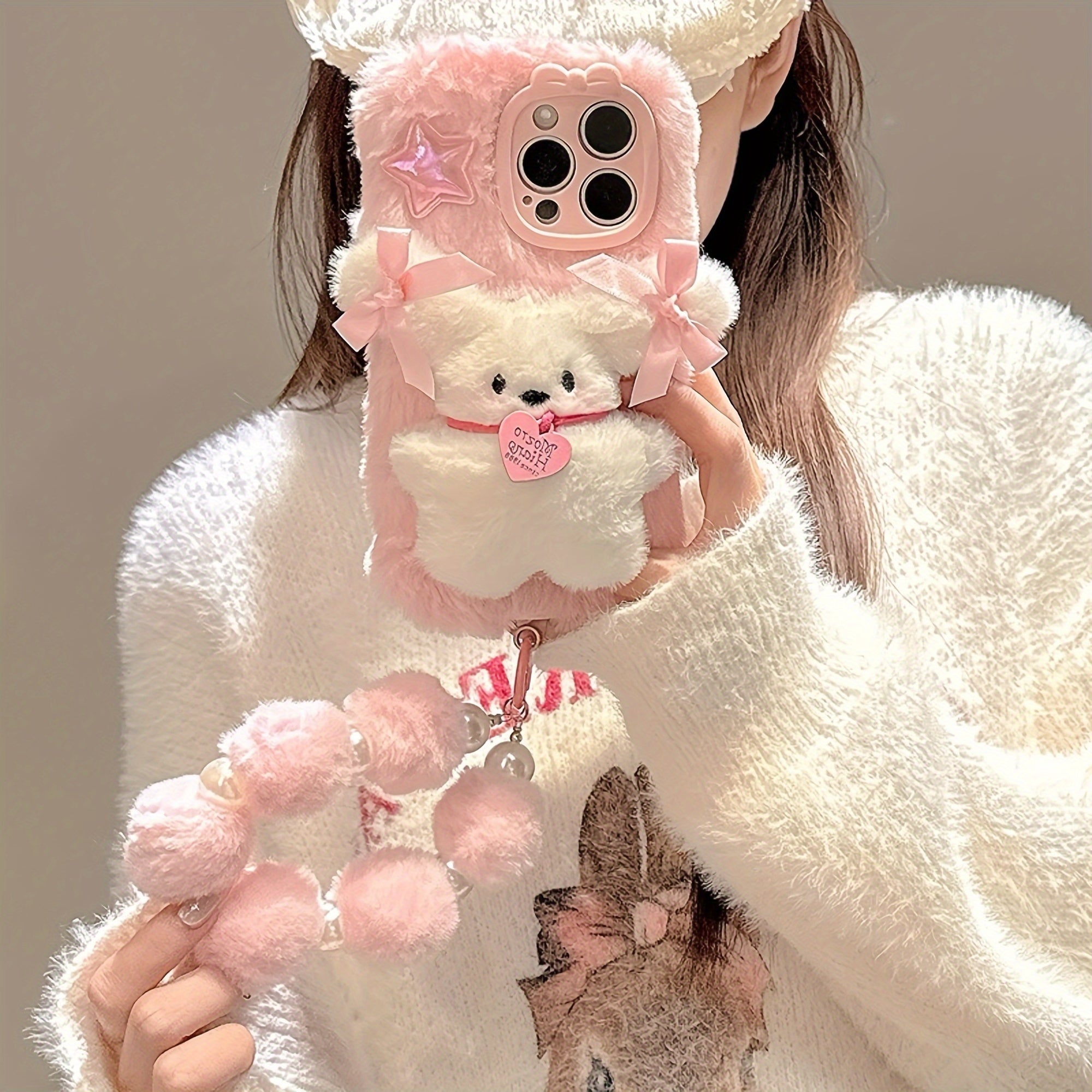 Three-Dimensional Bow Dog Plush Mobile Phone Case with Bracelet for Iphone 16 Pro Max Autumn And Winter New Plush