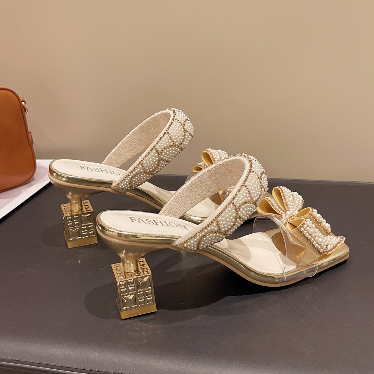 Women'S Summer Bowknot High Heel Sandals - Stylish Square Toe, Open Toe, Slip-On Design with Golden Accents, Faux Cover Upper & Sole, Perfect for Casual or Dressy Occasions, High Heel Sandals