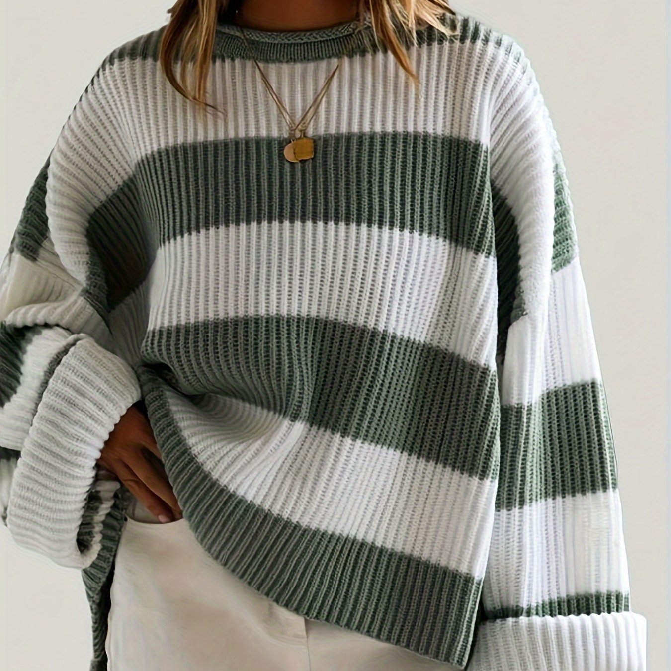 Long Sleeve Acrylic Pullover Sweater - Women's Casual Rib-Knit Crew Neck, Drop Shoulder, Loose Fit, Solid Color, All Season Knit Fabric Top