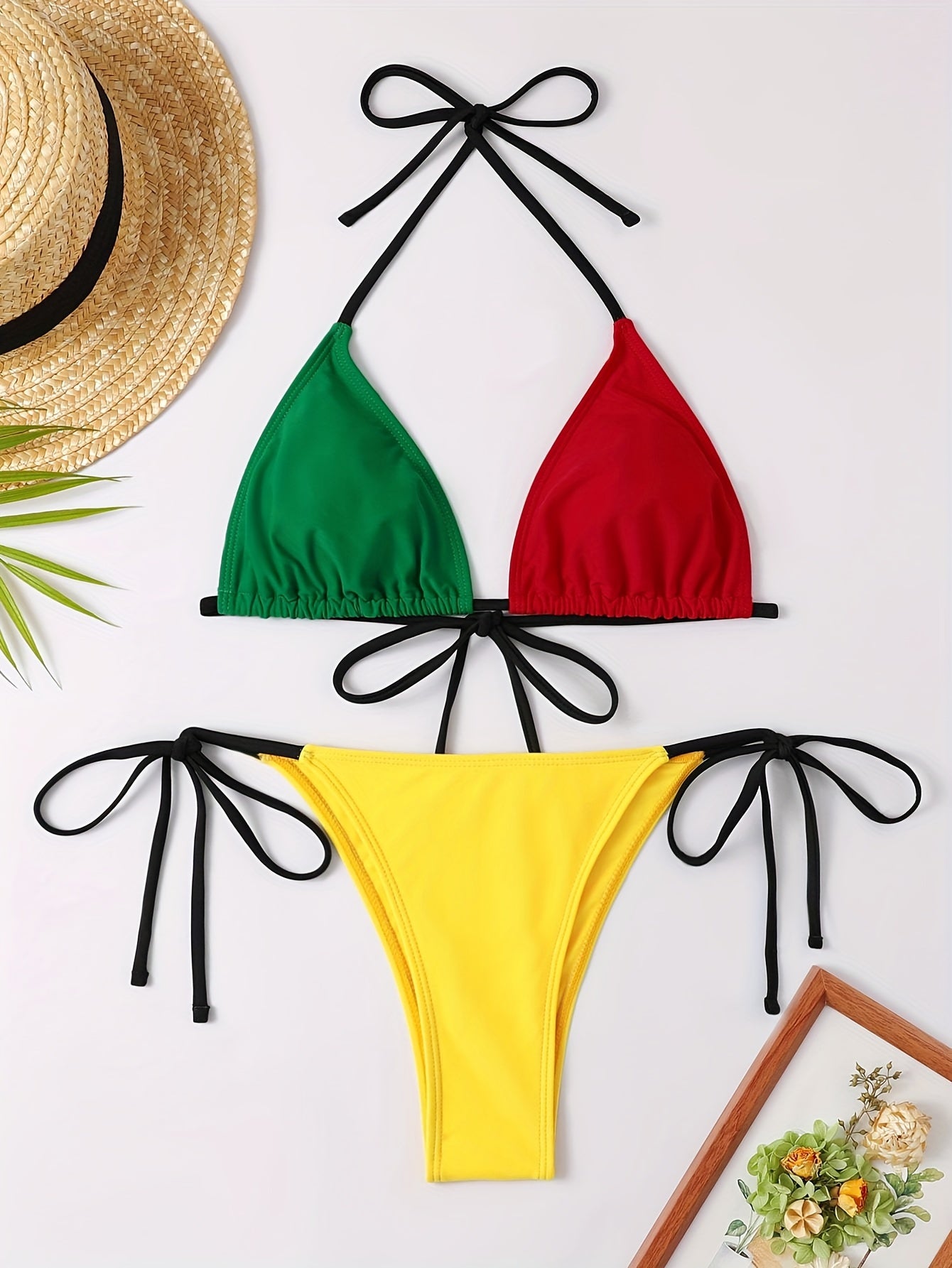 Color Block Triangle Halter Tie Strap Backless 2 Piece Set Bikini Swimsuits - Women's Swimwear & Clothing -  For Summer Beach Vacation - Perfect Gift for Women