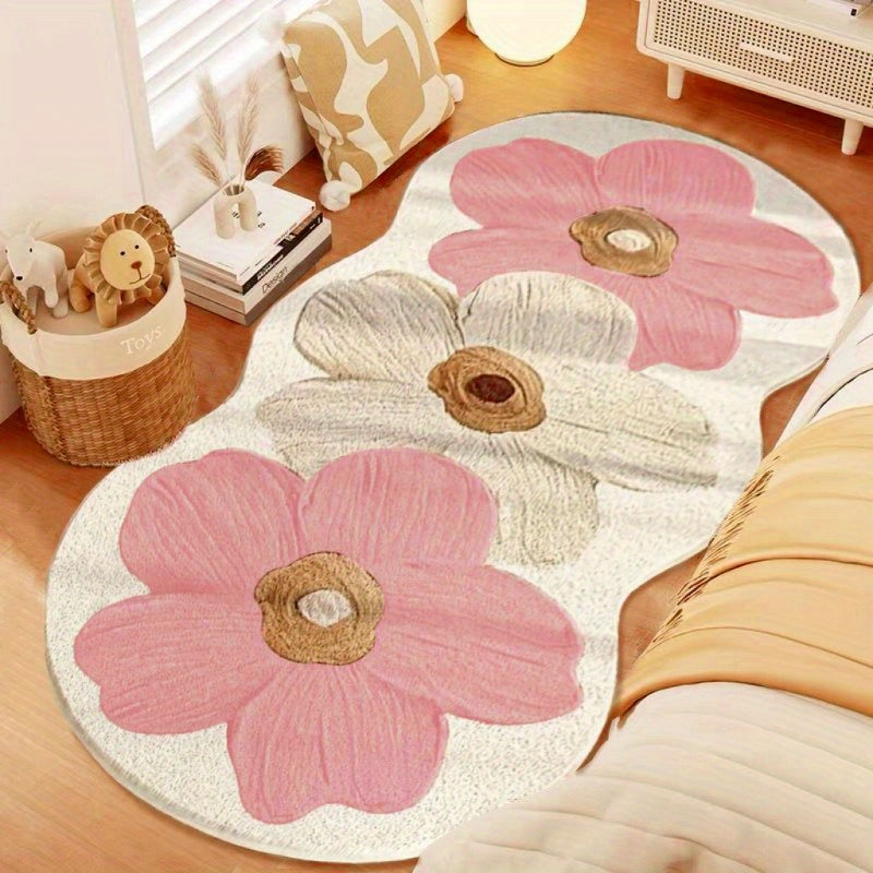 1000g 10mm Polyester Fluffy Floral Area Rug for Bedroom, Indoor Use, Machine Washable, Non Slip, Irregular Shape