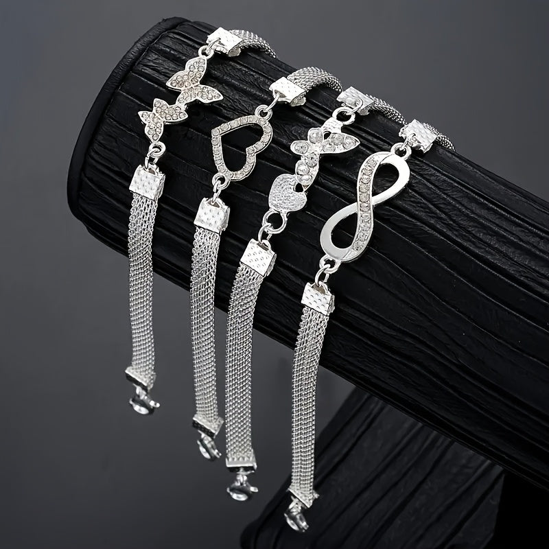 Set of 4- Elegant And Shiny Stackable Ankle Chains, Synthetic Zirconia Ankle Chains Plated with Butterflies And Hearts, Multifunctional Daily Jewelry Gifts