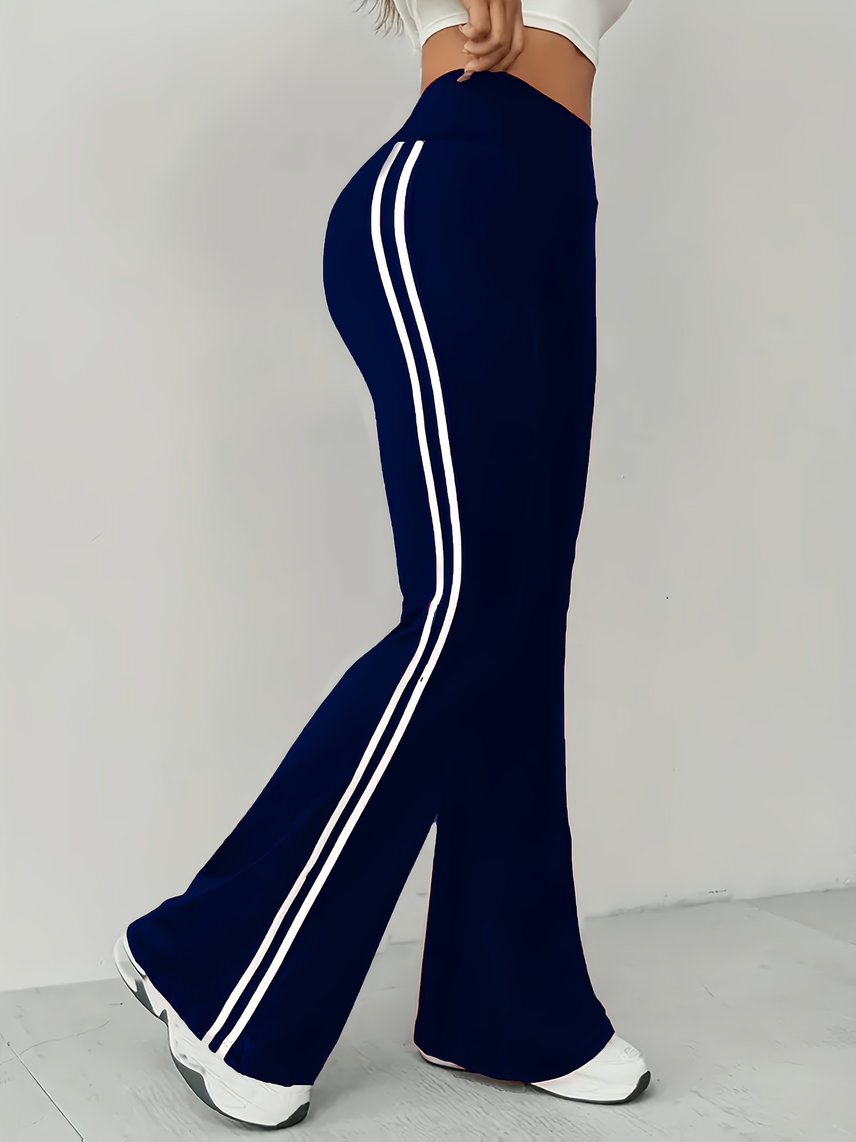 Women's High-Waist Tummy Control Maroon Flare Pants with White Stripe Detail - Stretchy Polyester/Elastane Blend, Machine Washable, Casual Sporty Bell Bottoms