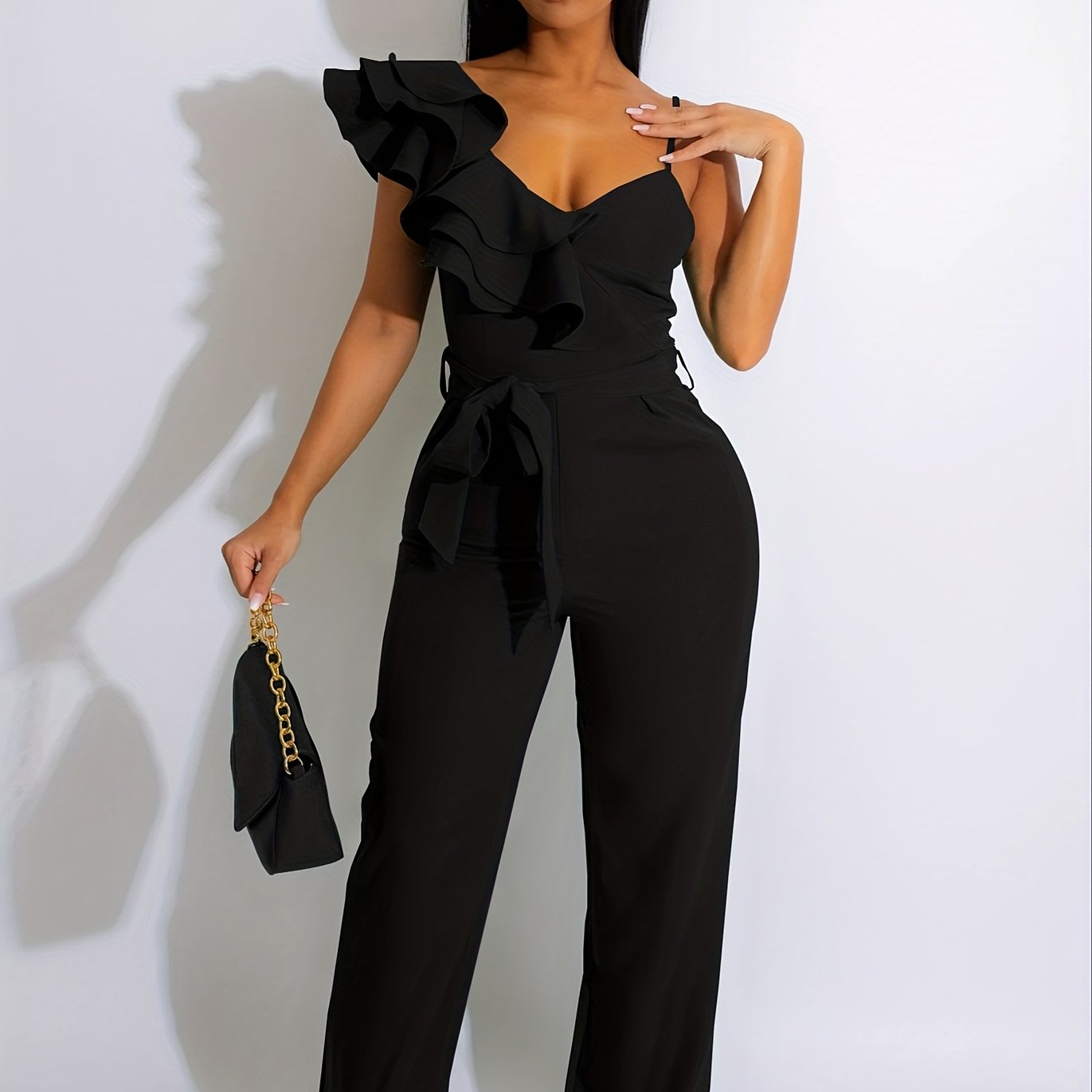 Womens Casual One Piece Jumpsuits V-Neck Sleeveless Ruffle Elegant Romper Wide Leg Pant Sexy Party Clubwear Overalls