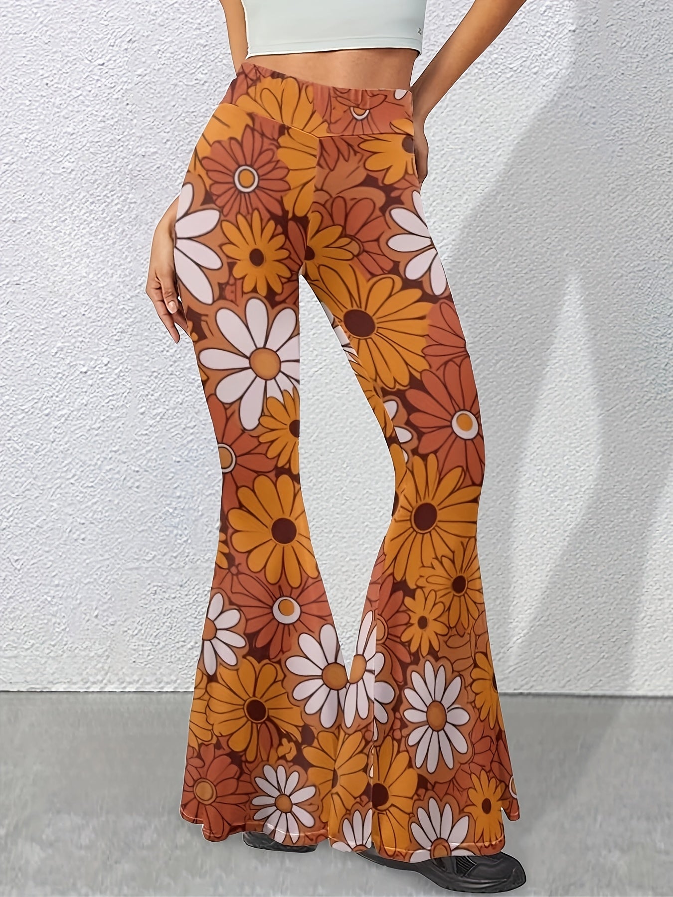 Women's High-Waist Floral Print Flare Pants - Casual, Stretchy, and Comfortable Bell Bottoms with Vibrant Orange & White Daisy Design, Loose Fit for Casual Attire, Casual Wear Pants | Retro Style Jeans | Machine Washable Pant