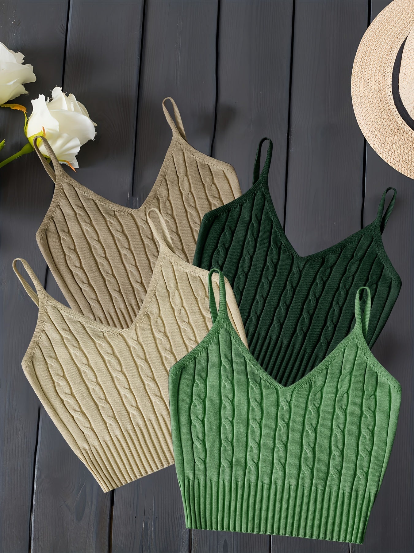 Valentine's Day 4 Packs Cable Knit Cami Tops, Versatile Crop V Neck Summer Sleeveless Cami Tops, Women's Clothing