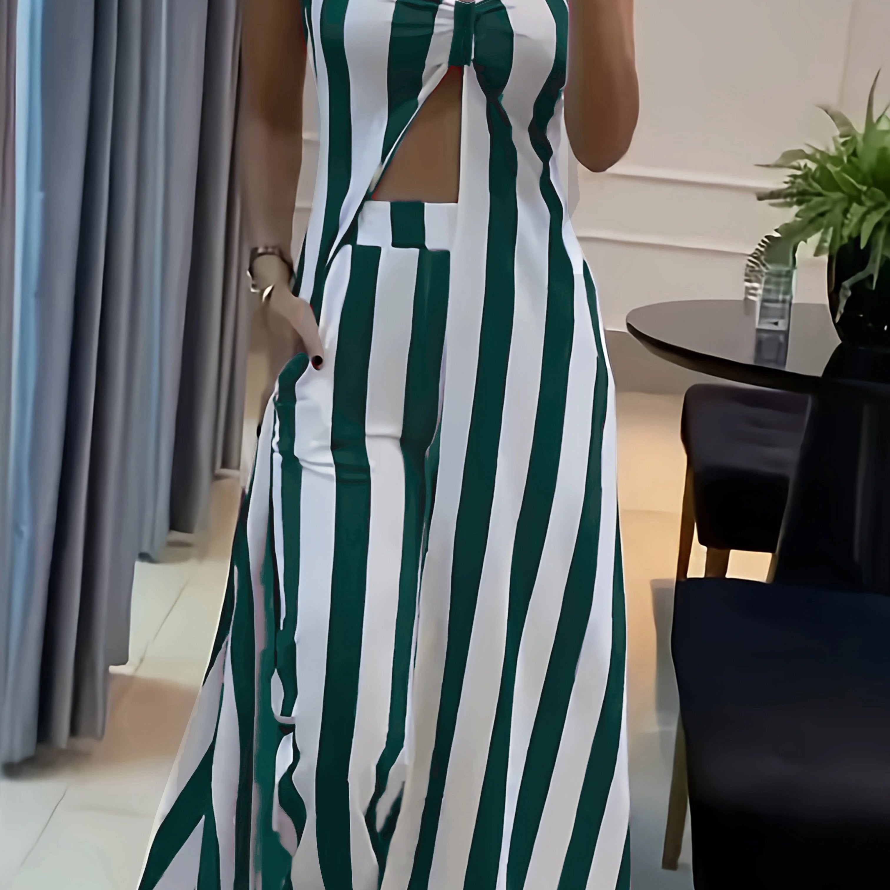 Casual Stripe Print Pants Set, Sweetheart Neck Split Hem Longline Tube Top & High Waist Flare Leg Pants Outfits, Women's Clothing