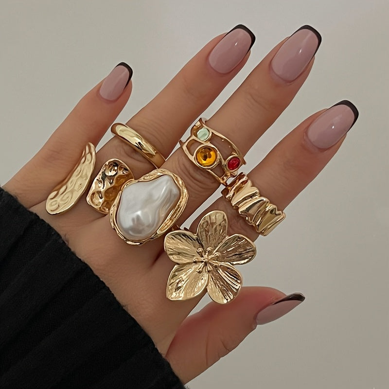 6pcs set of fashionable open ring sets, adjustable in size, suitable for many people to wear high-end rings, beautiful when worn alone or stacked, exquisite gift for friends, bohemian style jewelry combination