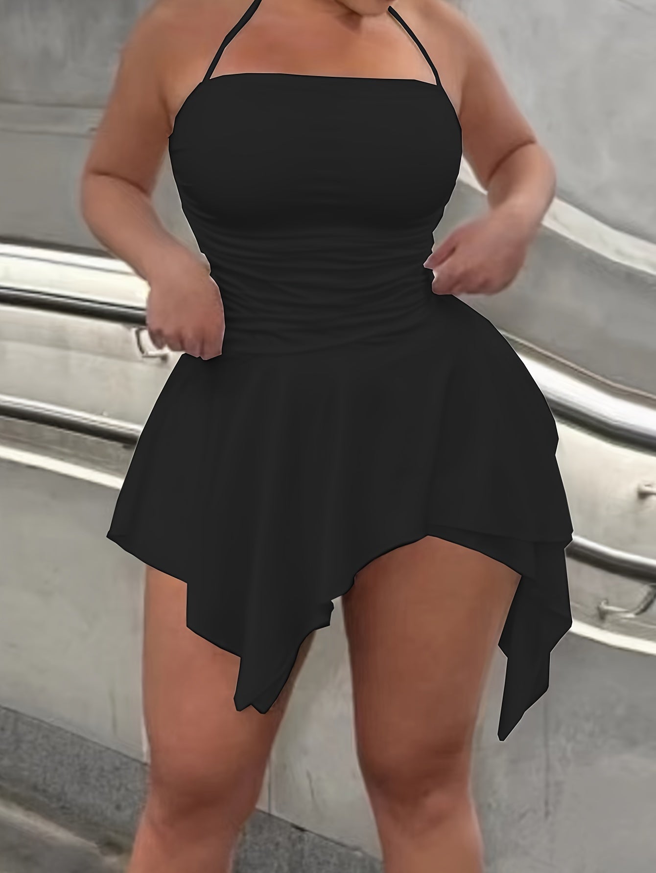 Elegant Draped Fit and Flare Dress - Backless Asymmetrical Hem, Sleeveless Halter Neck, High Elasticity Recycle Polyester, Solid Color, Perfect for Spring and Summer - Womens Clothing
