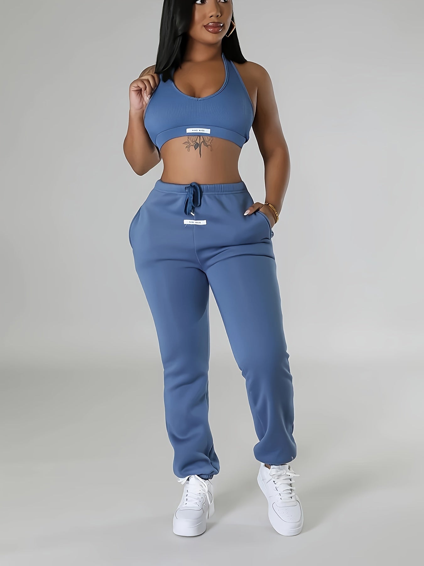 Chic Women's Halter Neck Backless Crop Top & High-Waist Jogger Set - Stretchy Polyester/Spandex Blend, Machine Washable, Casual Solid Color, Perfect for Fall/Winter