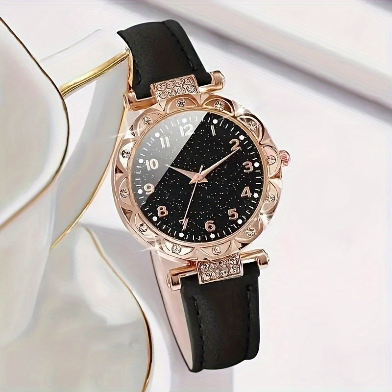 5-Piece Elegant Ladies Quartz Watch and Rhinestone Jewelry Set - Fashionable Glittering Black Starry Sky Dial, Round Case, Analog Display, Durable PU Leather Strap, Zinc Alloy Body, Precision Quartz Movement, Non-Rechargeable