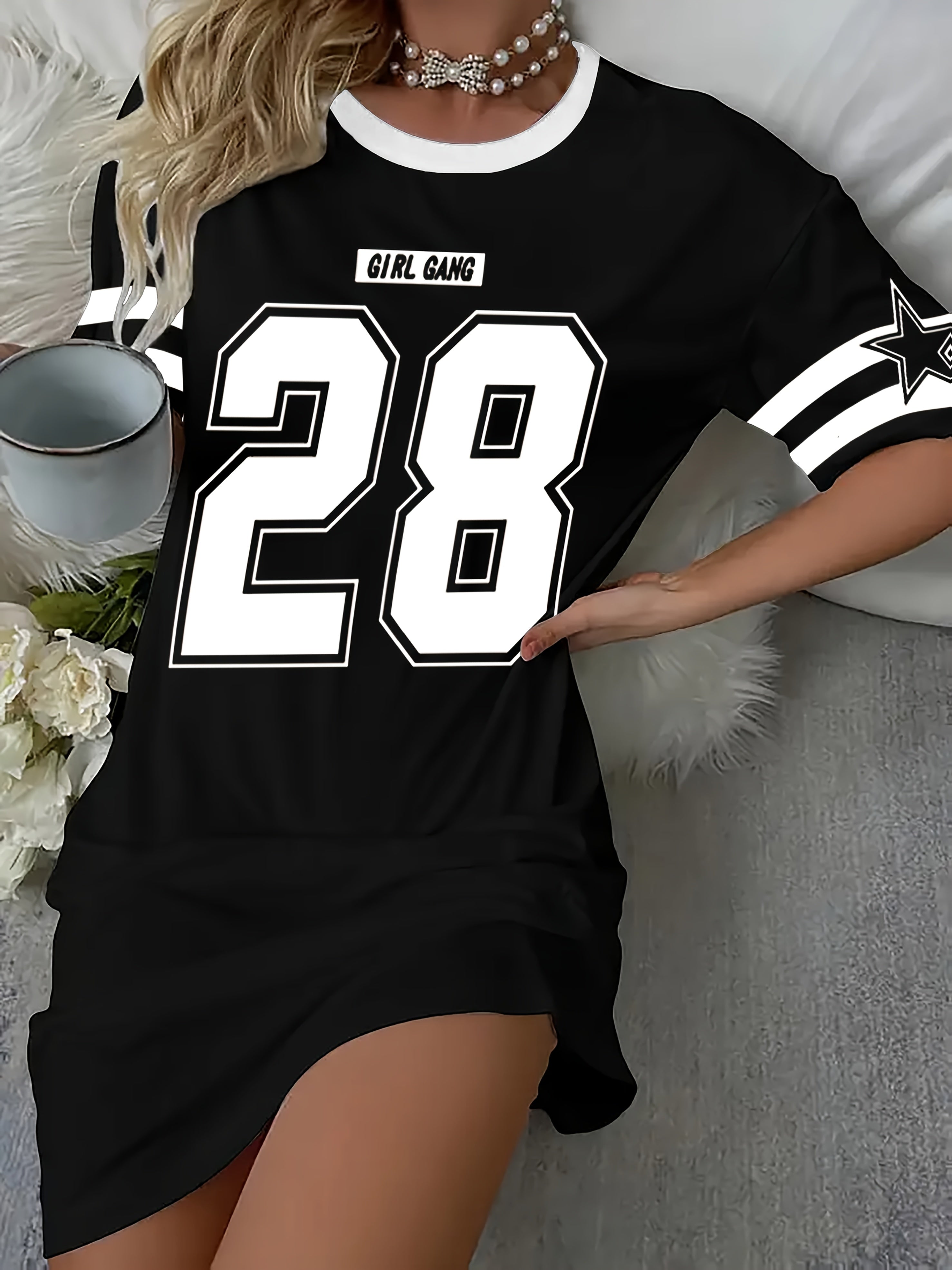 Women's Oversized Long T-Shirt Nightdress with Bold '28' Print & Letter Graphic - Soft Short Sleeve Lounge Dress for Home & Outings, Machine Washable Round Neck Casual Sleepwear, Versatile Nightdress | Modern Casual Dress | E