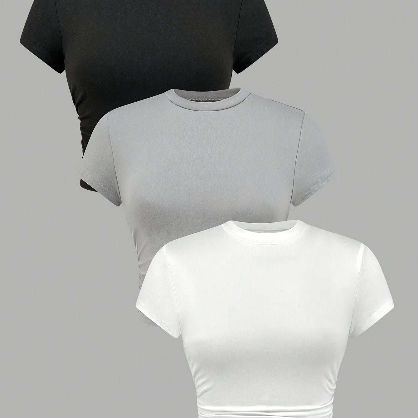 Solid Side Ruched T-shirt 3 Pack, Casual Crew Neck Short Sleeve T-shirt For Spring & Summer, Women's Clothing