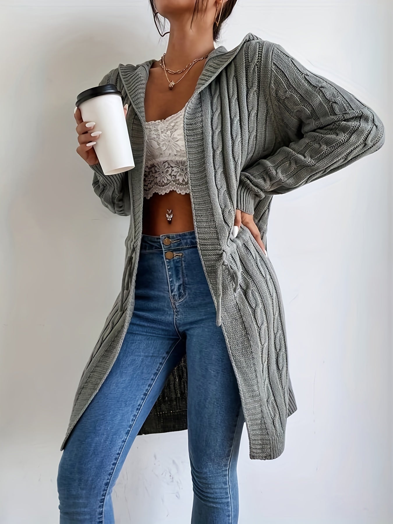 Cozy Chic Drawstring Waist Hooded Cardigan - Soft, Casual, Open Front, Long Sleeve, Relaxed Fit, Women's Clothing for Everyday Wear