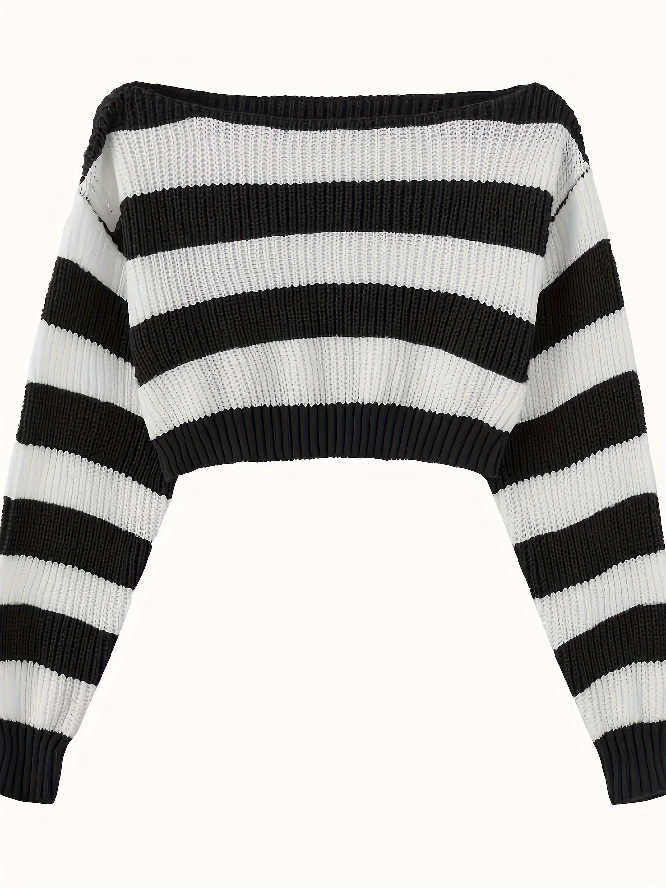 Chic Striped Crop Sweater for Women - Long Sleeve, Round Neck, Polyester Knit Pullover