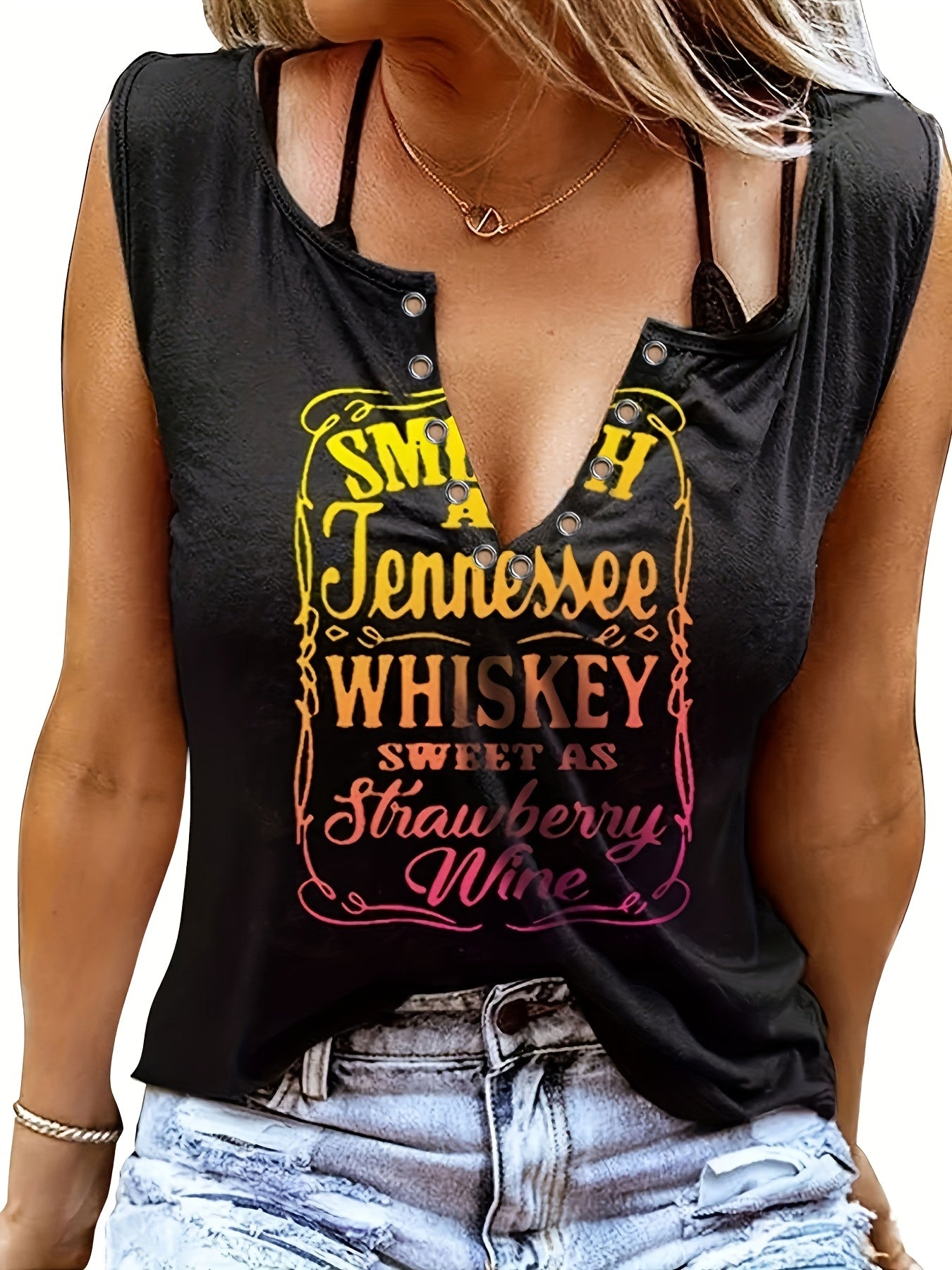Ladies' Fun Alphabet Print V-Neck Sleeveless T-Shirt - Polyester, Casual Style, Machine Washable, Lightweight & Comfortable for Casual Attire, Ladies T Shirts