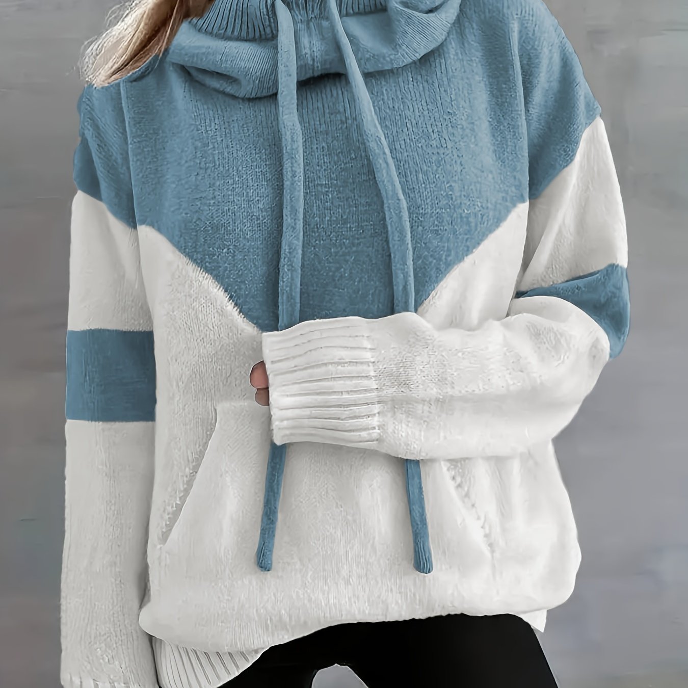 Color Block Drawstring Hooded Sweatshirt, Women's Long Sleeve Casual Pullover Sweater with Pocket
