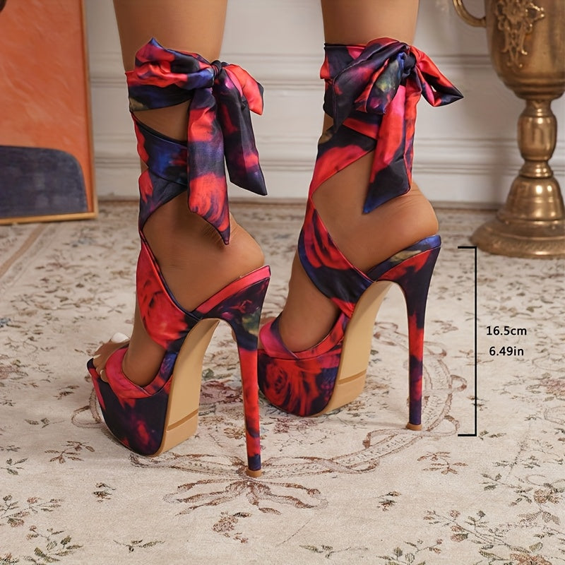 2025 New Women's Pointed-Toe Stiletto Heel Platform Pumps with Adjustable Ankle Strap - Floral Print Fabric Upper, Ultra-High Heels for Fashion Shows & Special Occasions, Party Footwear, Elegant Design, Highquality Finish, Dr
