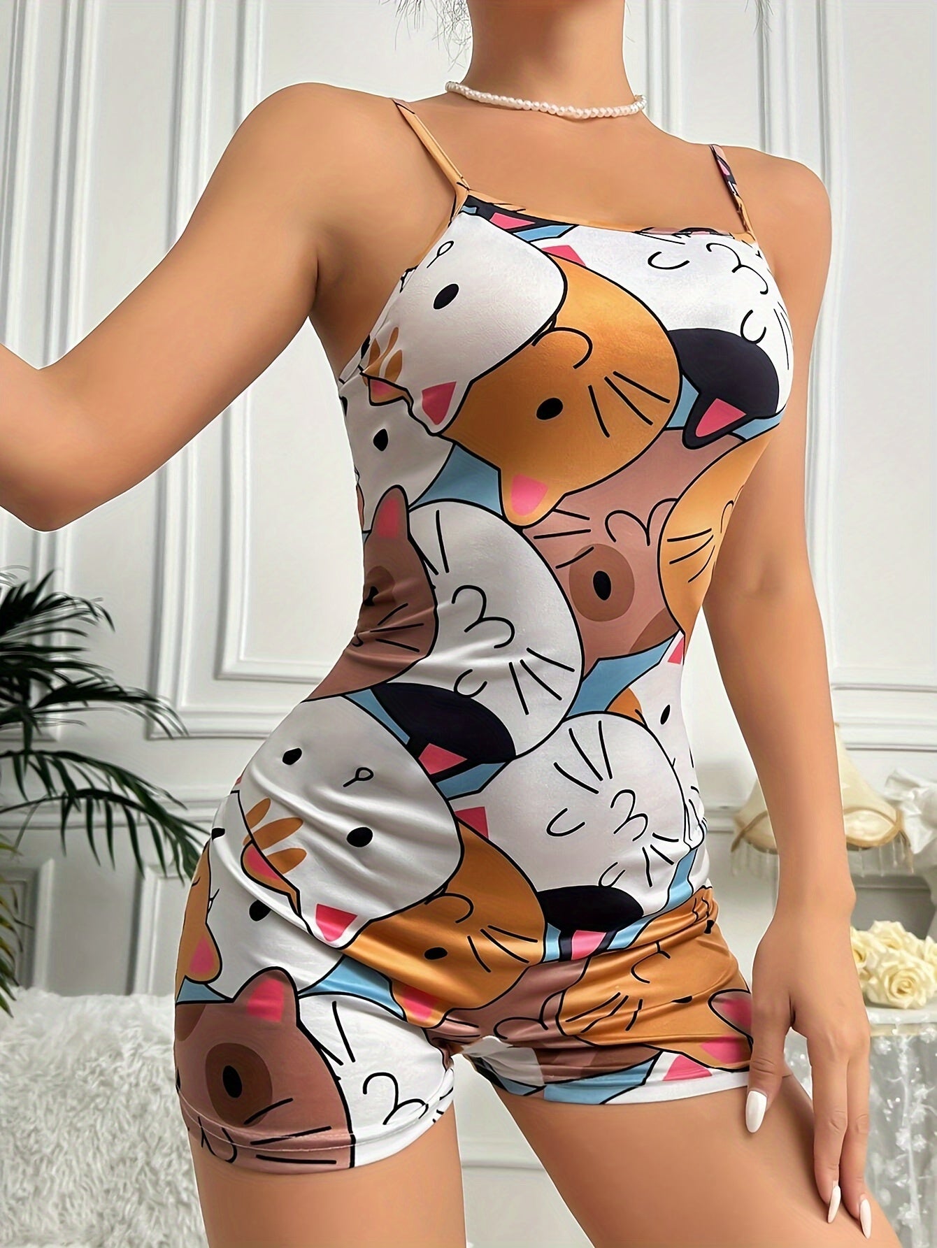 Women's Cute Cat Print Spaghetti Strap One-Piece Lounge Bodysuit, Casual Sleeveless Animal Pattern Cami Top Romper For Summer