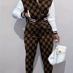 2023 new black fashion casual printed patchwork long sleeves two piecesWomen's pants suit