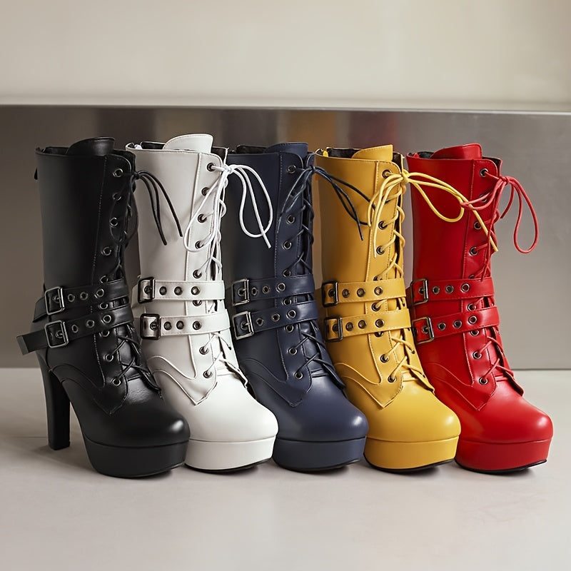 European and American Fashion 2024 Autumn and Winter New Large Size Lace-up Thin Heel Super High Heel Waterproof Platform Short Boots Women's Fashion Boots Short Boots