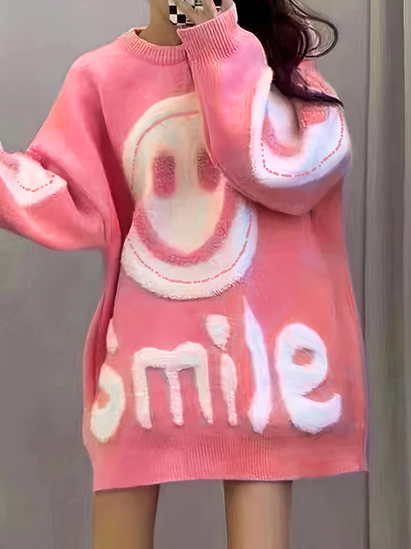 Chic joyful Face Jacquard Sweater for Women - Cozy Long Sleeve Crew Neck Pullover, Perfect for Fall/Winter - Soft & Warm - For Women - Suitable for Fall/Winter - Great Gift for Birthday & Holidays