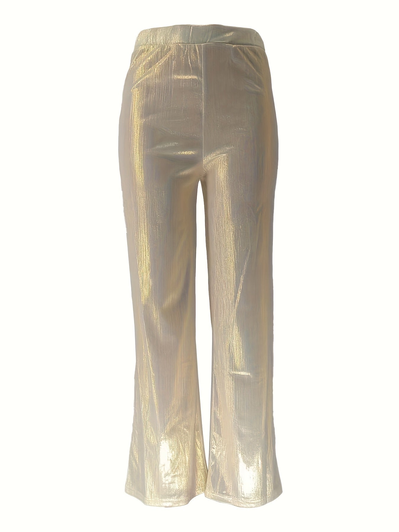Women's Elegant Metallic Wide-Leg Pants - High-Waisted Stretchy Golden Trousers with Side Pockets, All-Season Versatile Office & Casual Wear, Formal Attire | Sophisticated Style | Smooth Texture