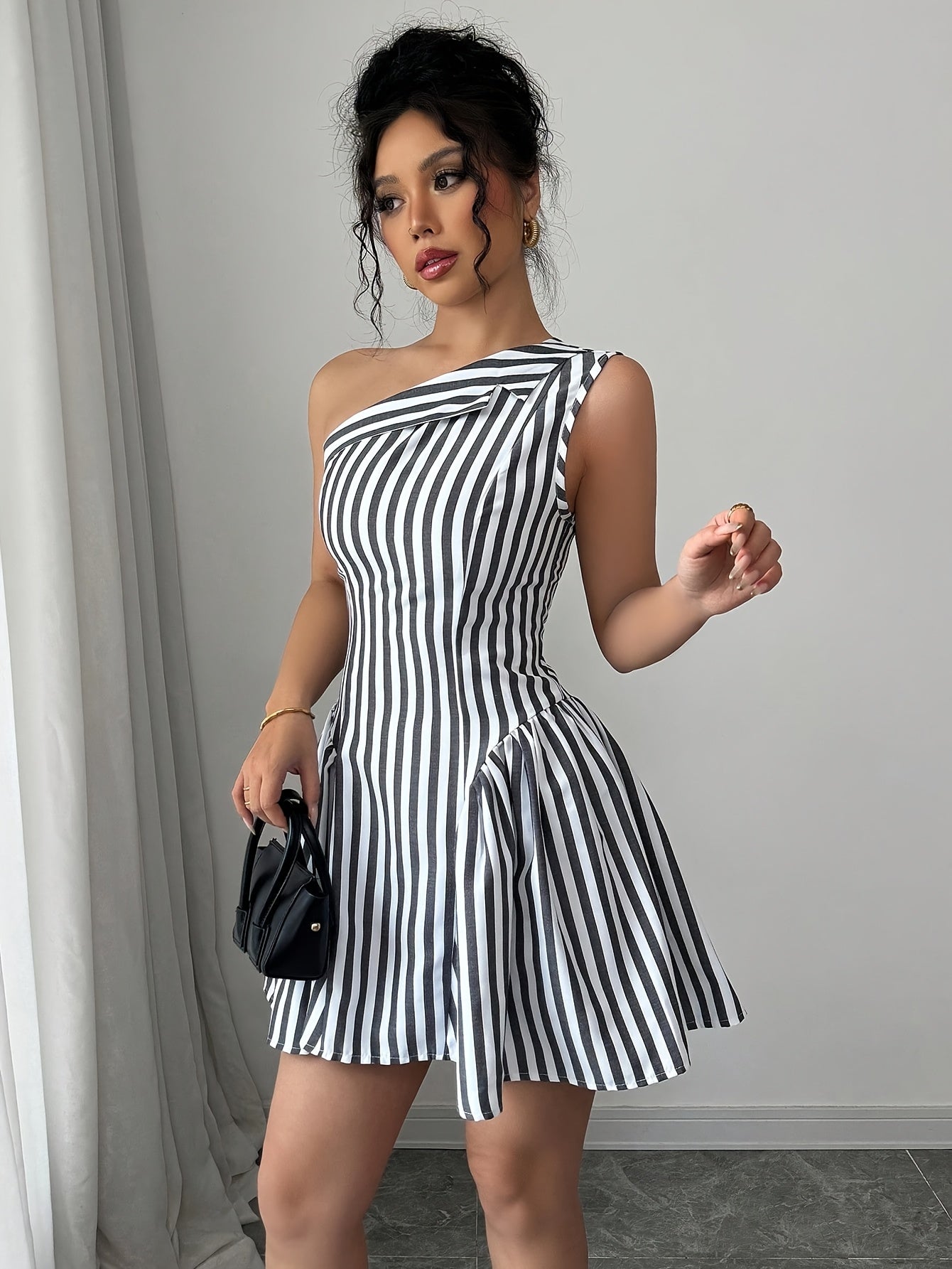 Women's Elegant Striped Asymmetrical Shoulder Sleeveless Mini Dress - A-Line Machine-Washable Spring Summer Fall Casual Chic Dress for Women, Seasonal Fashion | Nontransparent Fabric, Cute Dress