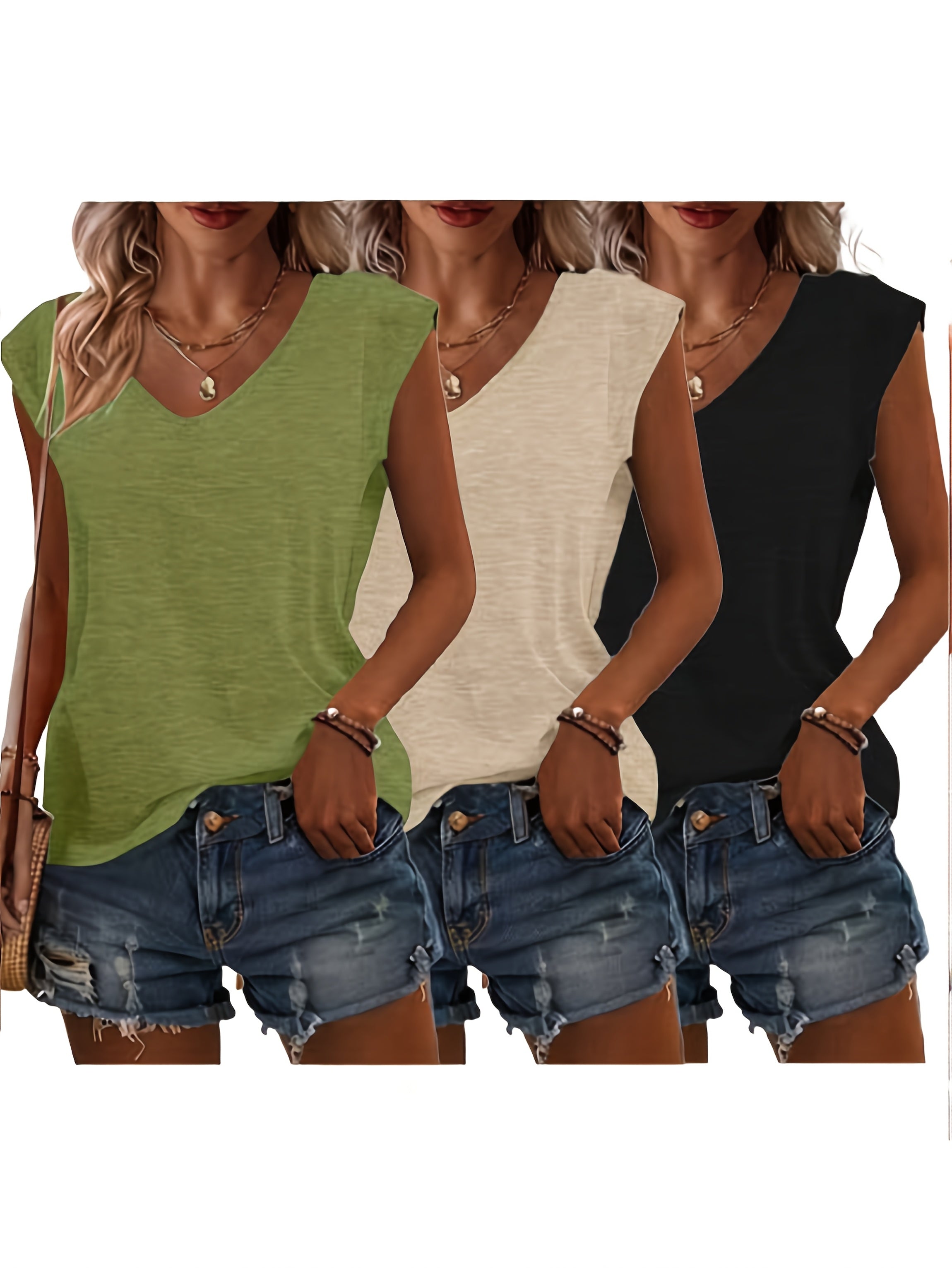 [Versatile | Cute] 3pcs Women's Lightweight Casual V-Neck Short Sleeve T-Shirts | Polyester Blend, Solid Colors | Perfect for Spring & Summer Outfits
