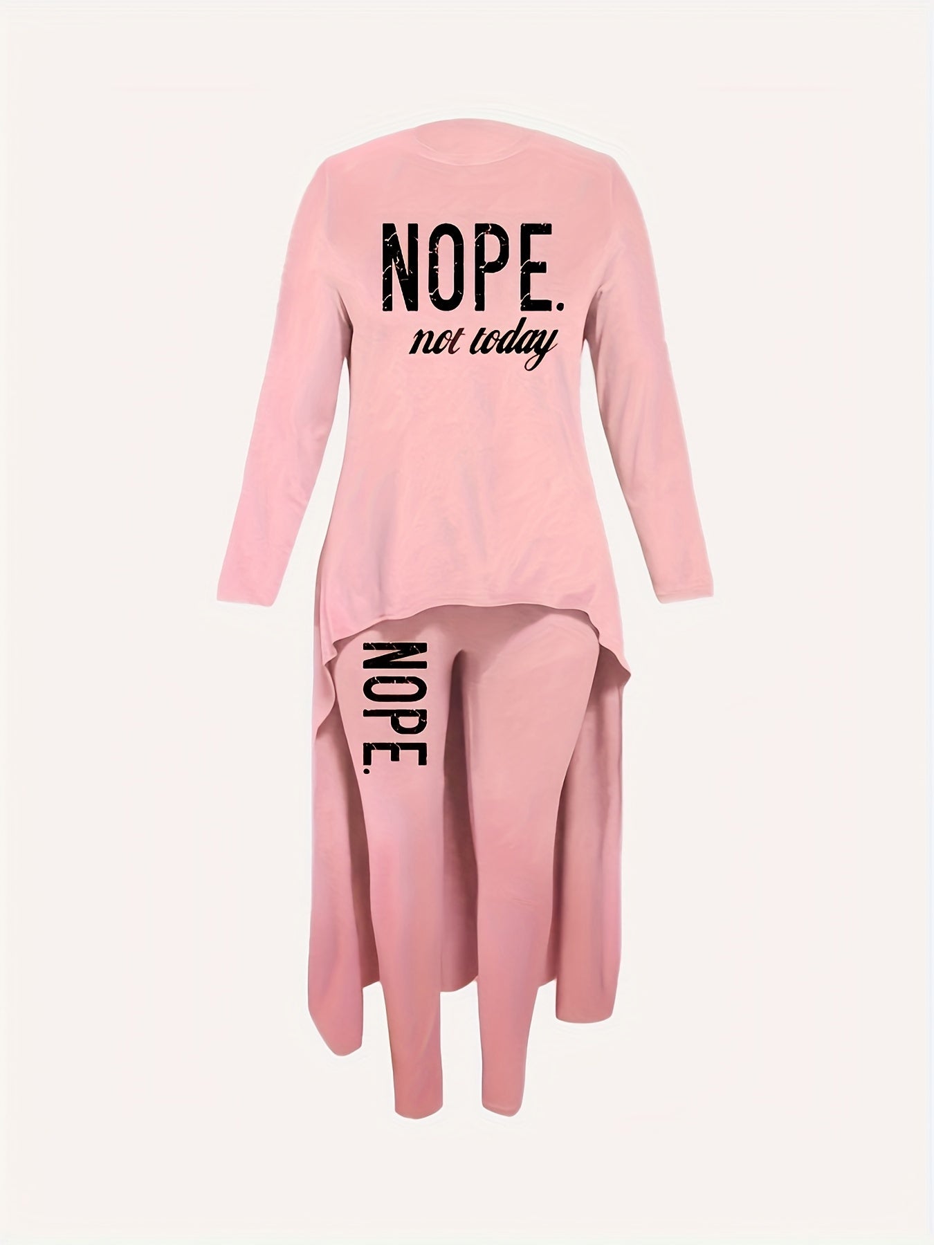 Chic Nope Casual Two-piece Outfit Set - Fashionable Letter Print Top with Trendy Dipped Hem & Slim-fit Pants - Comfortable Long Sleeve Womens Clothing for Stylish Everyday Wear