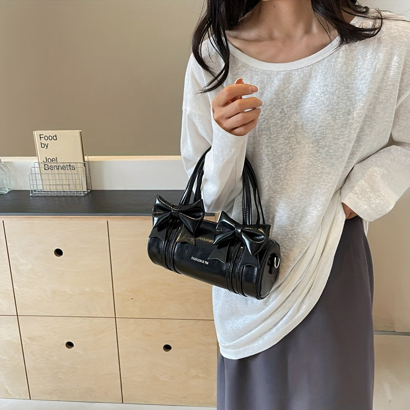 [Chic Appeal] Stylish Black Bow Tie Handbag - Large Capacity Crossbody Bag with Detachable Shoulder Strap, Elegant Glossy Finish & Polyester Lining, Crossbody Purse